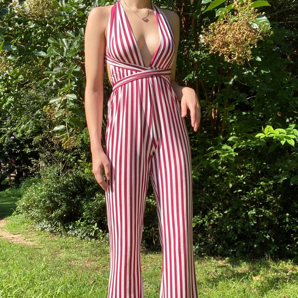 RED AND WHITE PINSTRIPE JUMPSUIT